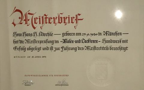 Meisterbrief Hans H Kiechle 1974