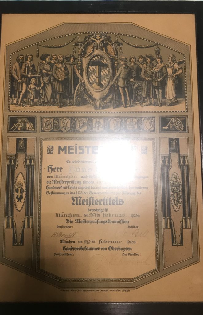 Meisterbrief Hans Kiechle 1924 