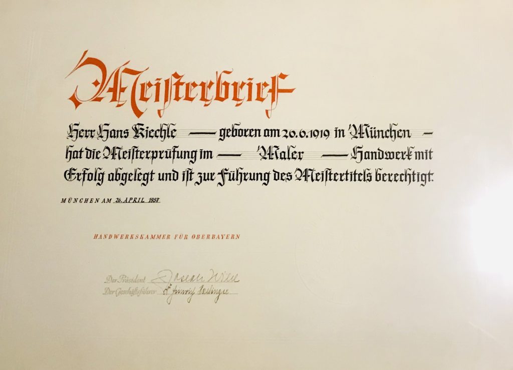 Meisterbrief Hans Kiechle 1957