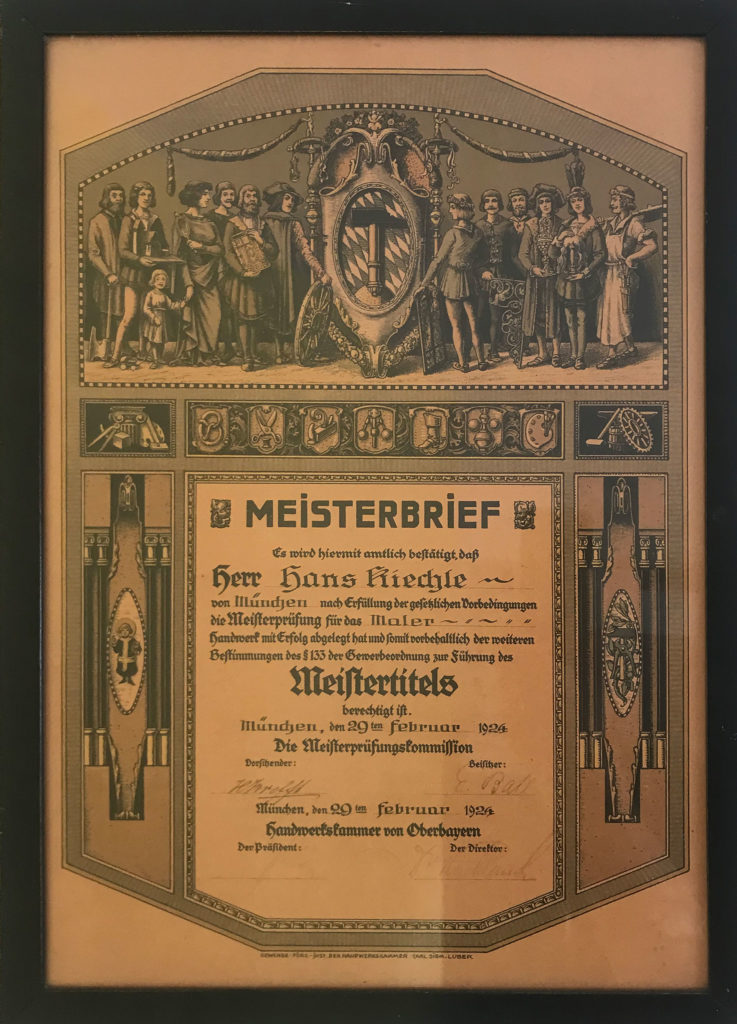 Meisterbrief Malermeister Hans Kiechle 1924