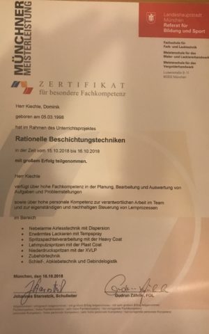 Zertifikat Beschichtungstechniken 2018