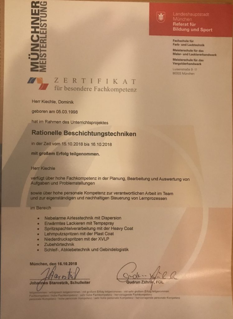 Zertifikat Beschichtungstechniken 2018 